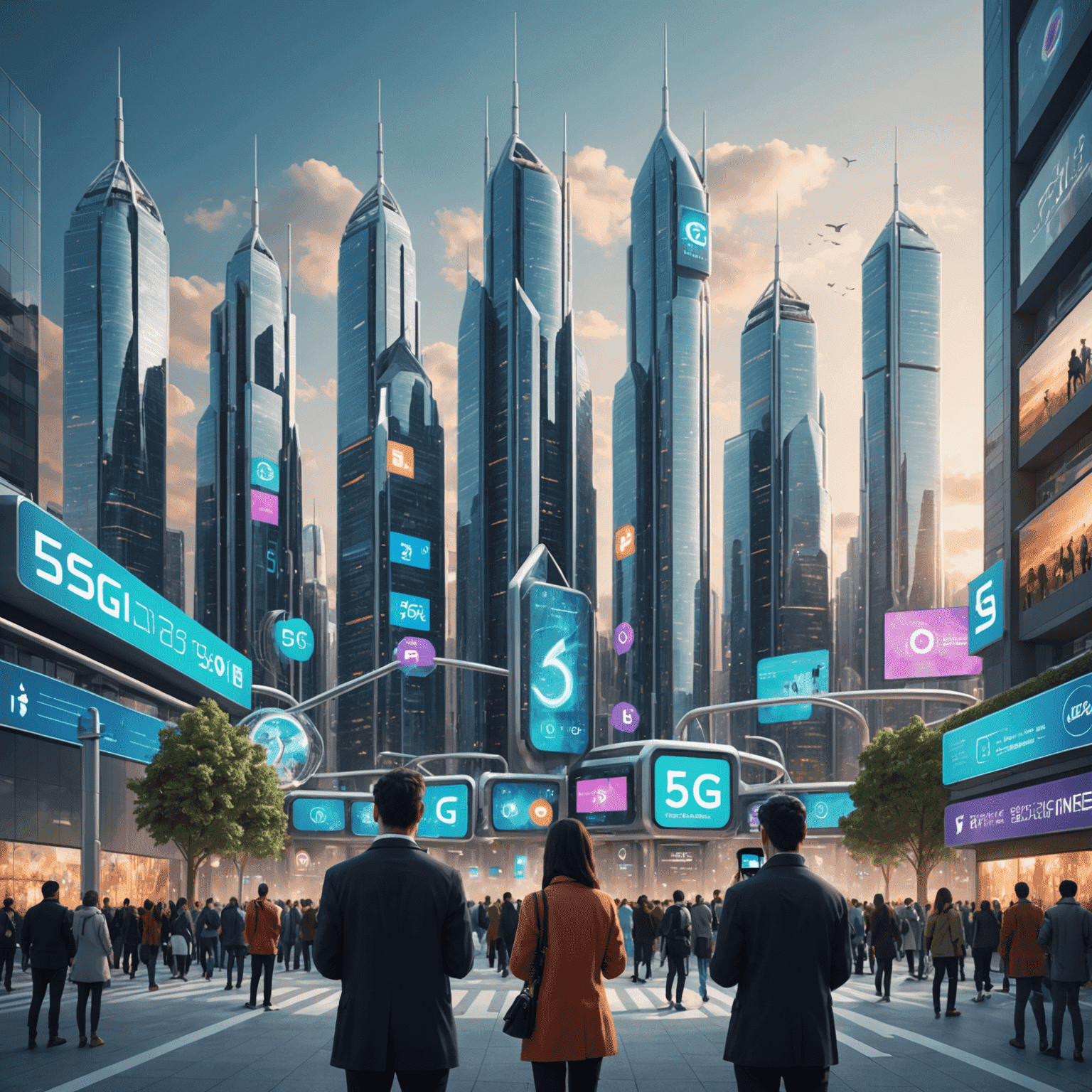 A futuristic cityscape with 5G towers and people using smartphones, showcasing the advanced connectivity of 5G networks