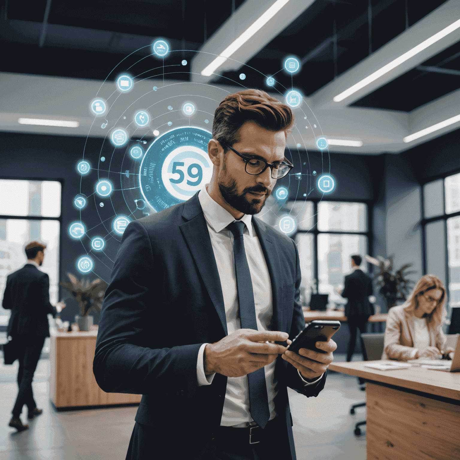 A busy professional quickly topping up their mobile plan on a smartphone while walking through a modern office environment, surrounded by 5G network visual elements