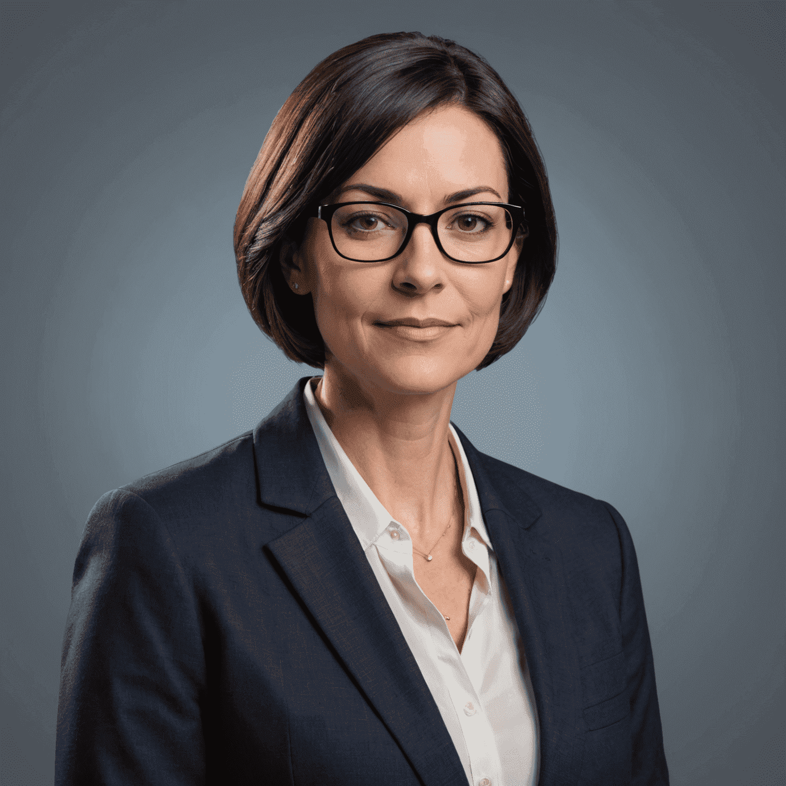 Portrait of Sarah, our Chief Technology Officer, a woman in her 40s with short dark hair and glasses, wearing a professional blazer