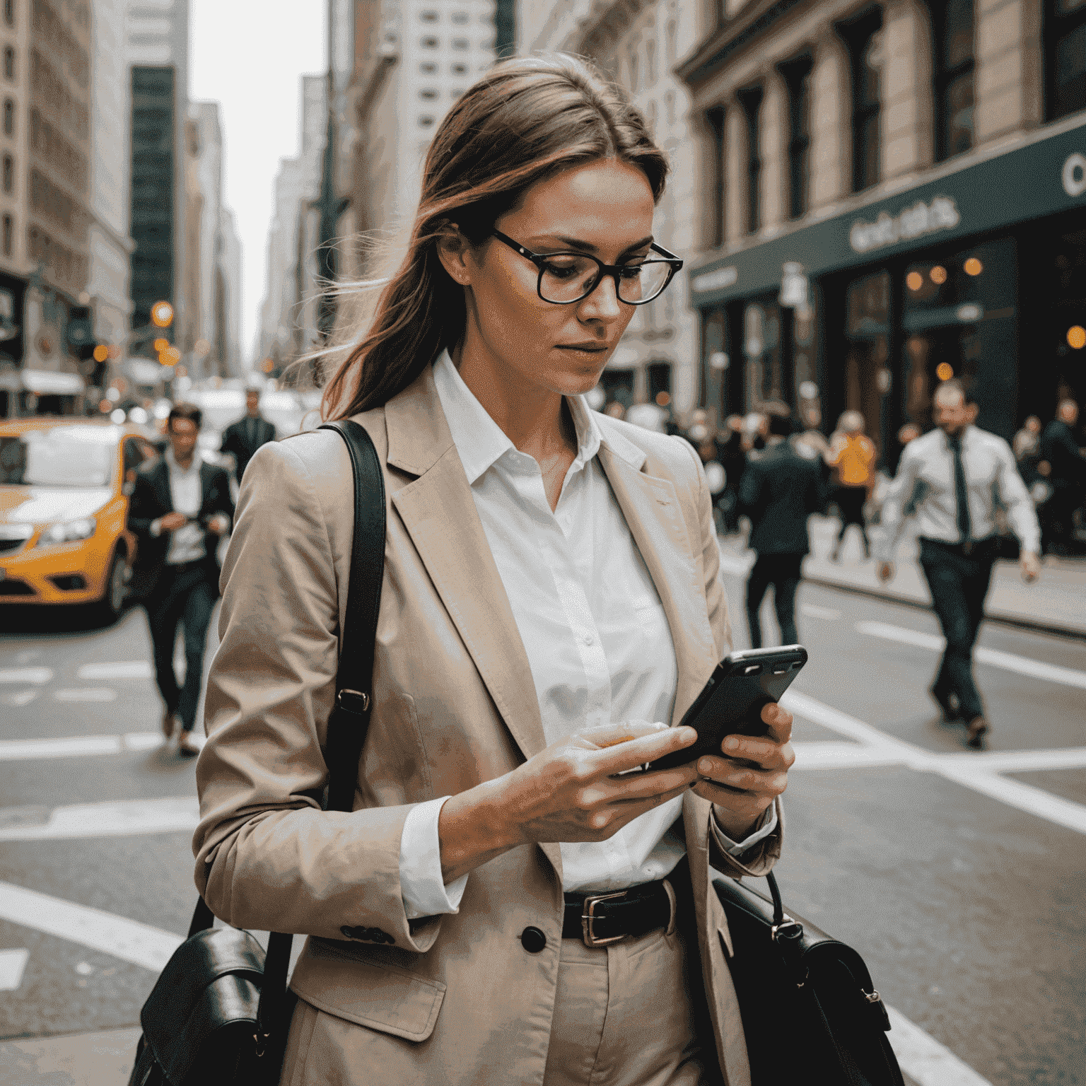 A busy professional quickly topping up their mobile plan on a smartphone, surrounded by city hustle