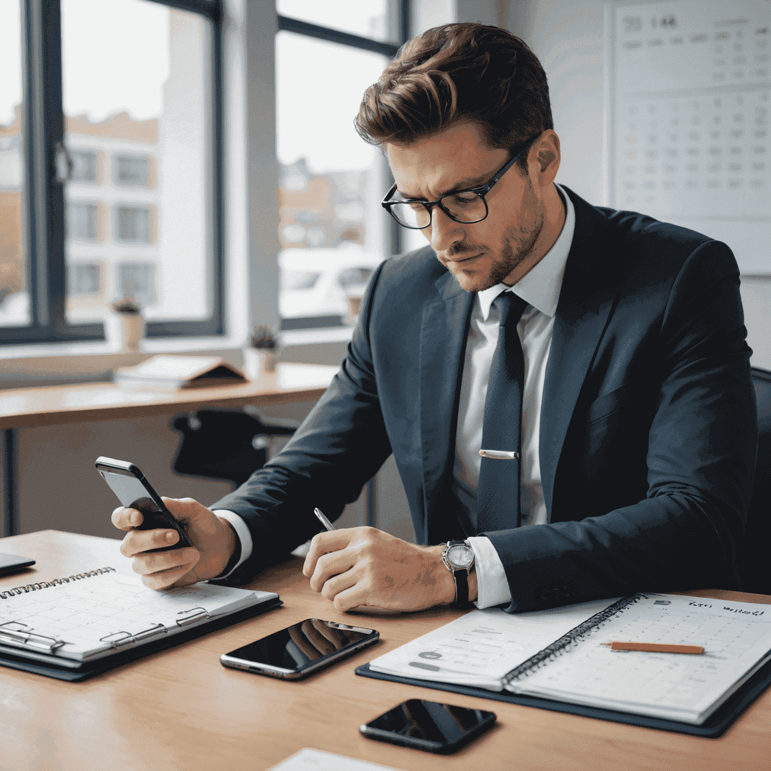 A busy professional quickly topping up their mobile plan on a smartphone, with a clock and calendar in the background to emphasize time-saving