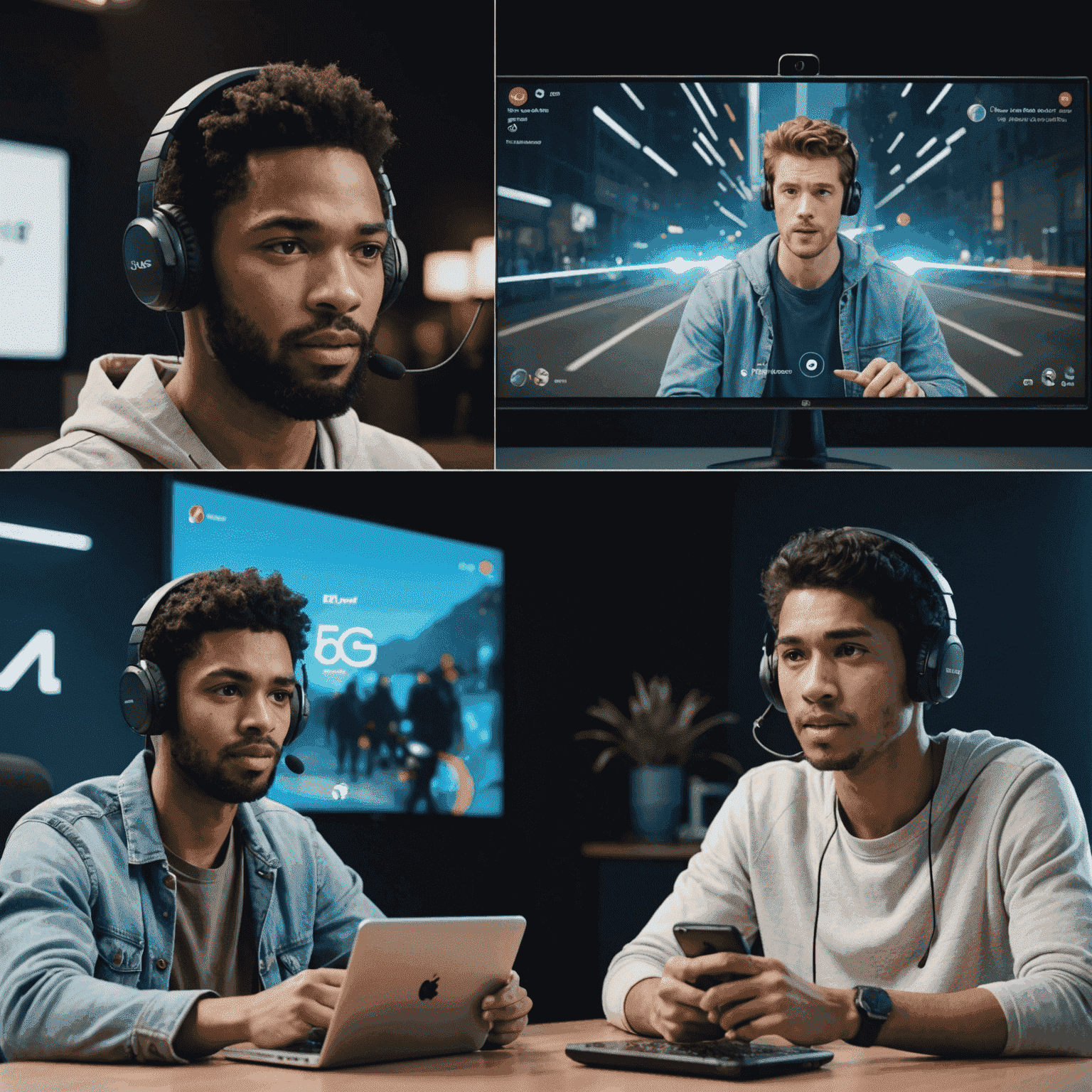 A split-screen image showing a person struggling with slow 4G connection on the left, and the same person effortlessly streaming, gaming, and video calling on 5G on the right